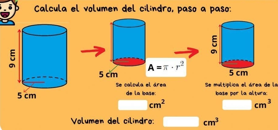 Calcula el volumen del cilindro, paso a paso:
A=π · r^2
5 cm
Se calcula el área Se multiplica el área de la 
de la base: 
base por la altura:
□ cm^2
□ cm^3
Volumen del cilindro: □ cm^3