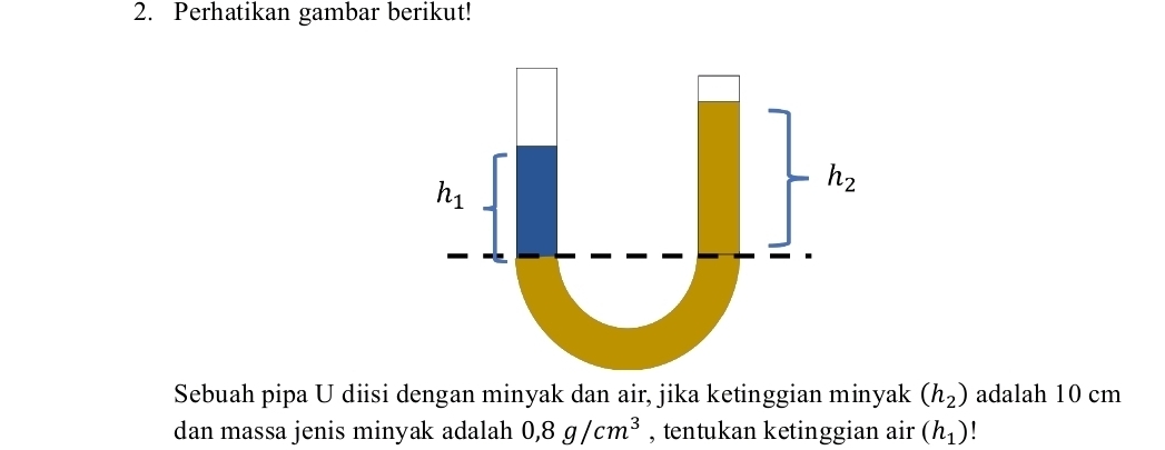 Perhatikan gambar berikut!
h_1
h_2
Sebuah pipa U diisi dengan minyak dan air, jika ketinggian minyak (h_2) adalah 10 cm
dan massa jenis minyak adalah 0, 8g/cm^3 , tentukan ketinggian air (h_1)