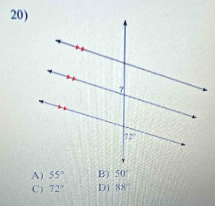 A) 55° B) 50°
C) 72° D) 88°