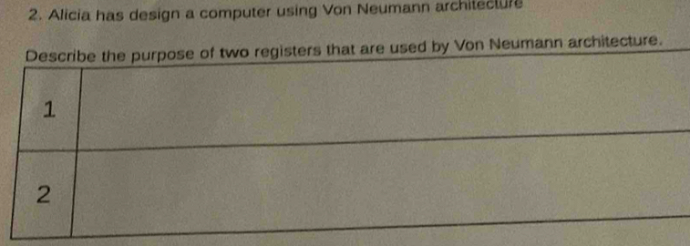 Alicia has design a computer using Von Neumann architecture 
o registers that are used by Von Neumann architecture.