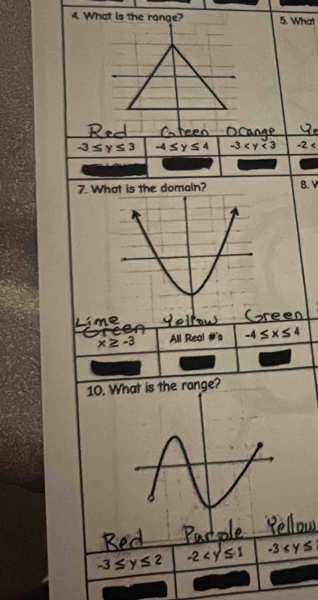 What is the range?5. What
-3≤ y≤ 3 -4≤ y≤ 4 -3 -2
7. What is the domain? B. V
n
een
x≥ -3 All Real #'s -4≤ x≤ 4
10. at is the range?
-3≤ y≤ 2 -2 -3≤ y≤