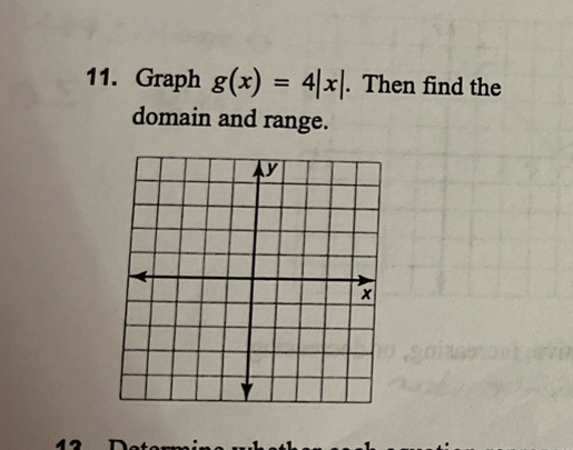 Graph g(x)=4|x|. Then find the 
domain and range.