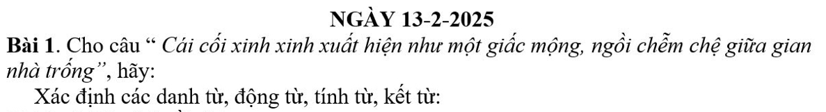 NGày 13-2-2025 
Bài 1. Cho câu “ Cái cối xinh xinh xuất hiện như một giấc mộng, ngồi chễm chệ giữa gian 
nhà trống'', hãy: 
Xác định các danh từ, động từ, tính từ, kết từ: