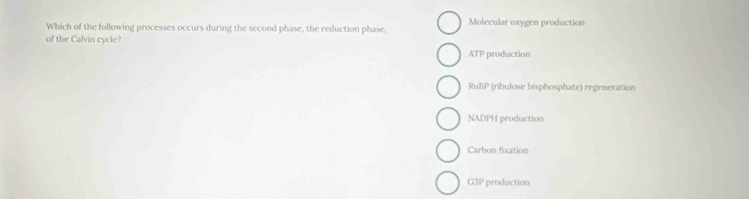 Molecular oxygen production
Which of the following processes occurs during the second phase, the reduction phase,
of the Calvin cycle?
ATP production
RuBP (ribulose bisphosphate) regeneration
NADPH production
Carbon fixation
G3P production