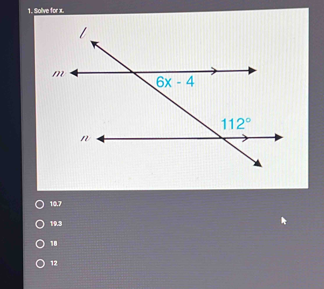 Solve for x.
10.7
19.3
18
12