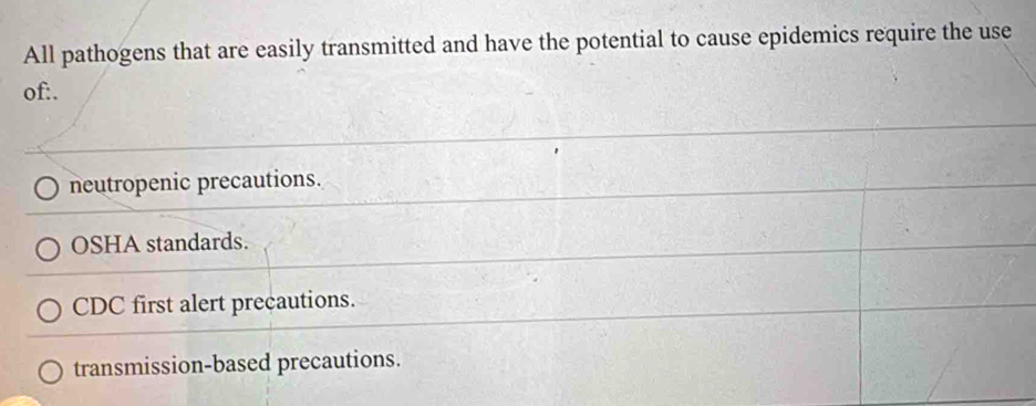 All pathogens that are easily transmitted and have the potential to cause epidemics require the use
of:.
neutropenic precautions.
OSHA standards.
CDC first alert precautions.
transmission-based precautions.