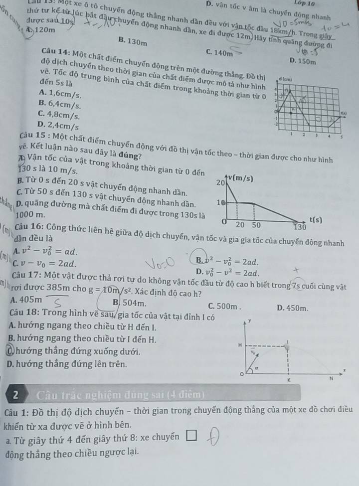 Lớp 10
D. vận tốc v âm là chuyển động nhanh
B được sau 10s
Lầu Tạ! Một xe ô tô chuyển động thắng nhanh dần đều với vận tốc đầu 18km/h. Trong giảy
thứ tư kế từ lúc bất đầu chuyển động nhanh dân, xe đi được 12m Hãy tỉnh quảng đường đi
A 120m
B.130m
C. 140m D. 150m
Câu 14: Một chất điểm chuyển động trên một đường thắng. Đồ thị d (cm)
độ dịch chuyển theo thời gian của chất điểm được mô tả như hình
đến 5s là
vẽ. Tốc độ trung bình của chất điểm trong khoảng thời gian từ 0
A. 1,6cm/s.
B. 6,4cm/s.
、
C. 4,8cm/s.
6
D. 2,4cm/s
-2
,  4 3
Câu 15 : Một chất điểm chuyển động với đồ thị vận tốc theo - thời gian được cho như hình
vế, Kết luận nào sau đây là đúng?
Vận tốc của vật trong khoảng thời gian từ 0 đến
130 s là 10 m/s. v(m/s)
20
B. Từ 0 s đến 20 s vật chuyển động nhanh dần.
C. Từ 50 s đến 130 s vật chuyển động nhanh dần. 10
tháng
D. quãng đường mà chất điểm đi được trong 130s là 0 20 50 130
1000 m. t(s)
(m) Câu 16: Công thức liên hệ giữa độ dịch chuyển, vận tốc và gia gia tốc của chuyển động nhanh
dần đều là
A. v^2-v_0^(2=ad.
(m) C. v-v_0)=2ad.
B. v^2-v_0^(2=2ad.
D. v_0^2-v^2)=2ad.
Câu 17: Một vật được thả rơi tự do không vận tốc đầu từ độ cao h biết trong 7s cuối cùng vật
a rơi được 385m cho g=10m/s^2 Xác định độ cao h?
A. 405m B. 504m. C. 500m . D.450m.
Câu 18: Trong hình vẽ sau, gia tốc của vật tại đỉnh I có y
A. hướng ngang theo chiều từ H đến I.
B. hướng ngang theo chiều từ I đến H.
H
C hướng thẳng đứng xuống dưới.
D. hướng thẳng đứng lên trên.
α
。
1
K N
2  Câu trắc nghiệm đúng sai (4 điệm)
Cu 1: Đồ thị độ dịch chuyển - thời gian trong chuyển động thắng của một xe đồ chơi điều
khiển từ xa được vẽ ở hình bên.
a. Từ giây thứ 4 đến giây thứ 8: xe chuyển
động thẳng theo chiều ngược lại.