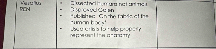 Vesalius Dissected humans not animals
REN Disproved Galen
Published ‘On the fabric of the
human body'
Used artists to help properly
represent the anatomy