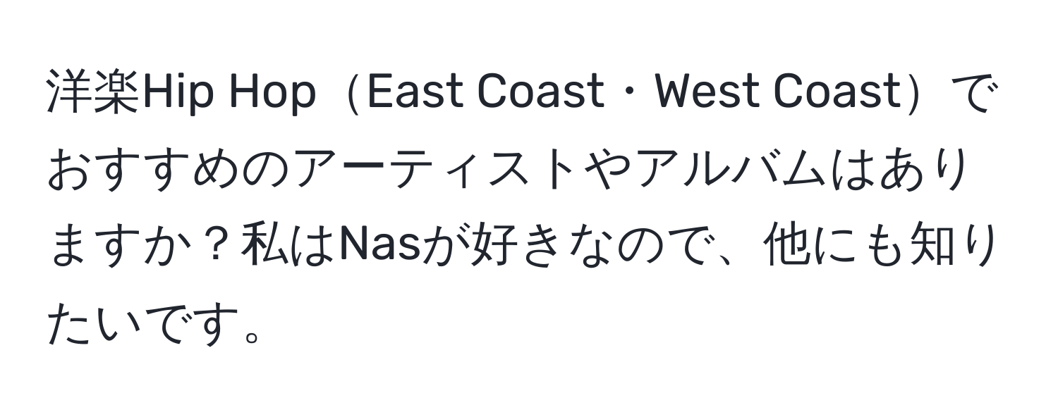 洋楽Hip HopEast Coast・West Coastでおすすめのアーティストやアルバムはありますか？私はNasが好きなので、他にも知りたいです。