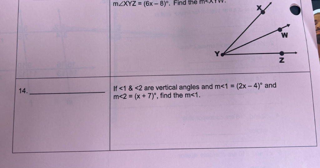 m∠ XYZ=(6x-8)^circ . Find the m