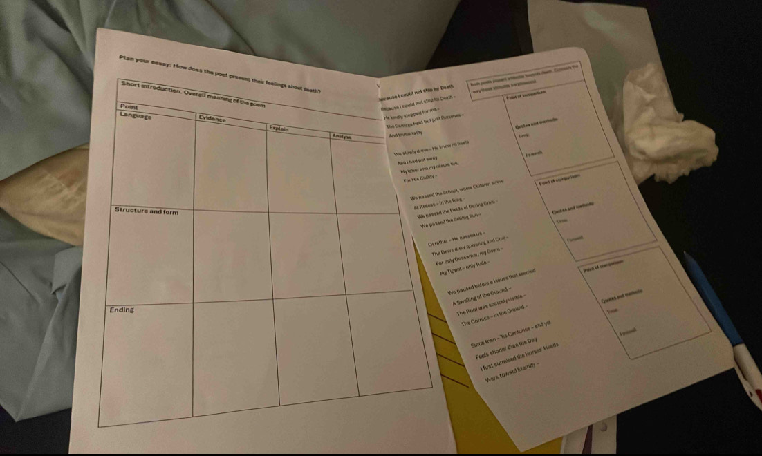 PLan your essay. 
eeth E 
eath - Pole it compertiuns 
usenes- 
mw no heate Quabera and tttade 
oen tod. T 
ichoot, where Children strove Font if comparieds 
the fling - 
he Fialds of Gazing Crai 
the fintling fiun - 
er - e passed L Quotes and iwthote 
eas dnew qurrering and Crus - N 
only Gossame, my Gown - 
y Tippet - only fuile - 
o d cm
We paused before a House that seemed 
A Swelling af the Ground - 
The Roof was scarosly visible - 
Te 
The Cornice - in the Ground - 
Since then - 'tis Canturies - and ys! Quetes and mrtnln 
Foels shorter than the Day
I first surmised the Horses' Heeds 
Were toward Eferity -