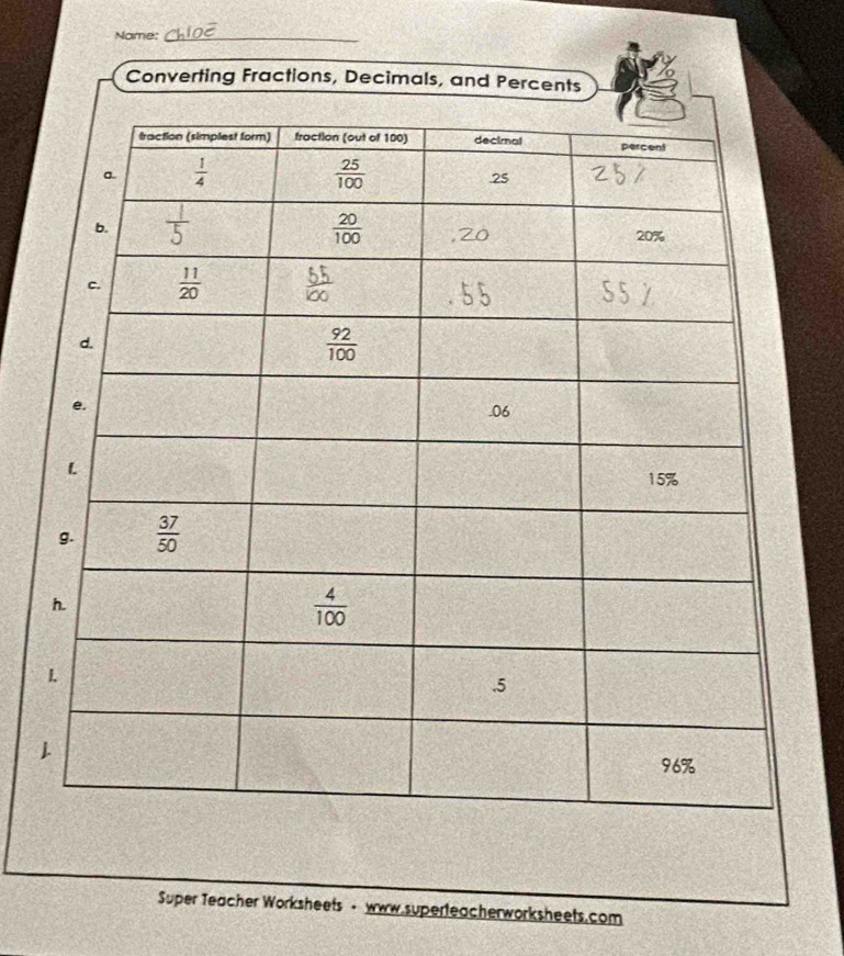 Name:_
Converting Fractions, Decimals, and Perc
Super Teacher Worksheets - www.superteacherworksheets.com