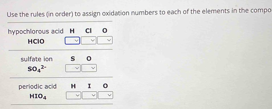 Use the rules (in order) to assign oxidation numbers to each of the elements in the compo