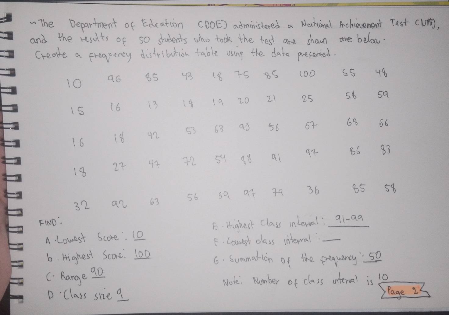 The Department of Edcation CDOE) administered a National Achievement Test (un),
and the results of so students who took the test are shown below.
create a prequency distribution table using the date presented.
10 9o 85 93 18 75 85 100 s5 48
15 16 13 18 19 20 21 25 58 59
16 (8 92 53 63 ao 56 67 68 66
18 27 44 72 59 98 al 97 86 83
32 an 63 56 69 at 79 36 85 58
F10D:
A. Lowest Score". 10 F. Highest Class interval:_ _ 91-99
F. Louest class interval.
6. Highest Score. 100
6. summation of the pequency ' so
C. Range 90
Note: Number of class interval is 10
D Class scie 9 Page 2