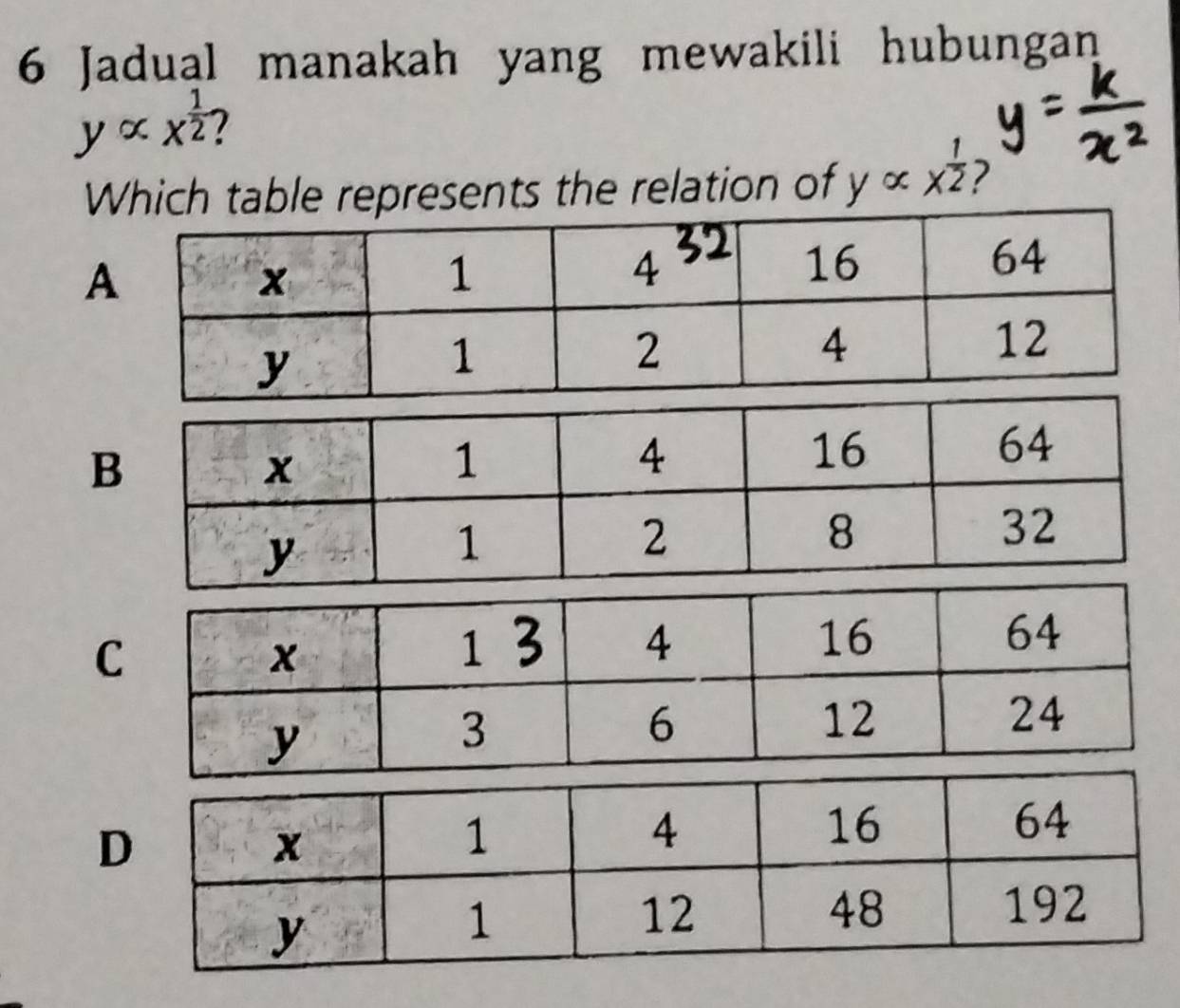 Jadual manakah yang mewakili hubungan
yalpha x^(frac 1)2
Which table represents the relation of yalpha x^(frac 1)2 2
A