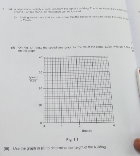 1 (a) A large stone, initially at rest, falls from the top of a building. The stone takes 3.2s to fall to s 
ground. For this stone, air resistance can be ignored. 
(i) Stating the formula that you use, show that the speed of the stone when it hits the grou 
is 32 m/s
1 
(ii) On Fig. 1.1, draw the speed-time graph for the fall of the stone. Label with an X the lin 
on the graph.
40
30
 speed/m/s 
20
10
0
0 1 2 4
time / s
Fig. 1.1 
(iii) Use the graph in (ii) to determine the height of the building.