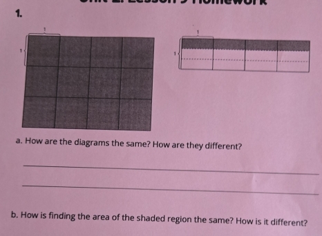 How are the diagrams the same? How are they different? 
_ 
_ 
b. How is finding the area of the shaded region the same? How is it different?