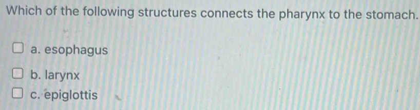 Which of the following structures connects the pharynx to the stomach.
a. esophagus
b. larynx
c. epiglottis
