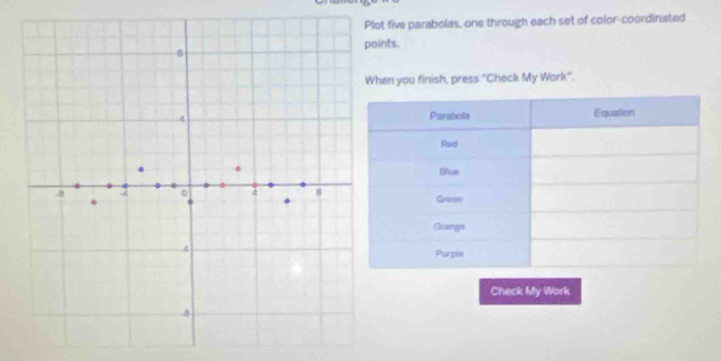 five parabolas, one through each set of color-coordinated 
points. 
en you finish, press ''Check My Work''. 
Check My Work