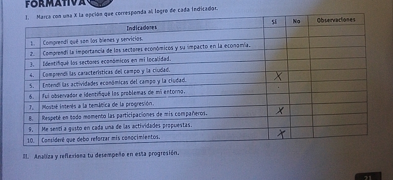 formativa 
ro de cada indicador. 
II. Analiza y reflexiona tu desempeño en esta progresión. 
21