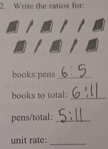 Write the ratios for: 
books:pens_ 
books to total:_ 
pens/total:_ 
unit rate:_