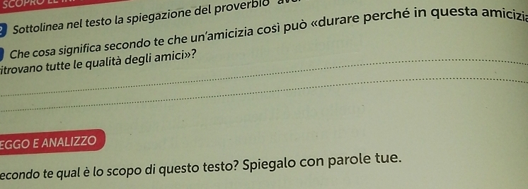 SCOPRC 
Sottolinea nel testo la spiegazione del proverblo a 
Che cosa significa secondo te che un’amicizia così può «durare perché in questa amicizia 
_ 
_itrovano tutte le qualità degli amici»? 
EGGO E ANÄLIZZO 
econdo te qual è lo scopo di questo testo? Spiegalo con parole tue.