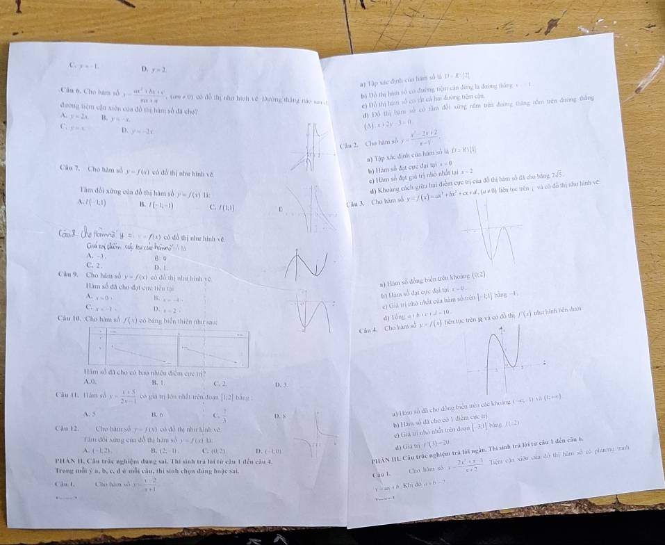 C. y=-1. D. y=2 ,1
a) Tập xác định của hàm số là 11=R:(2)
b) Đỗ thị hàm số có đường tiệm cận đựng la đường thǎng
Câu 6. Cho hàm số 1- (ax^2+bx+c)/ax+a , (m+1) có đồ thị như hình về Dường thắng nào san d e) Đỗ thị hàm số có tắt cả hai đường tiệm cận.
đường tiệm cận xiên của đồ thị hàm số đã cho?
d) Đô thị hàm sở có tâm dổi xíng năm trên đường tháng năm trên đường thắng
A. y=2x. B. y=-x. y= (x^2-2x+2)/x-1 .
C. y=1 D. y=-2x
(A) x+2y-3=0
Câu 2. Cho hàm số
a) Tập xác định của hàm số là D=Rvee [t]
Câu 7, Cho hàm số y=f(x) có đồ thị như hình vẽ
b) Hàm số đạt cực đại tại x=0
e) Hàm số đạt giá trị nhỏ nhất tại x=2
Tâm đổi xứng của đồ thị hàm số y=f(x) lá:
đ) Khoảng cách giữu hai điễm cực trị của đồ thị hàm số đã cho bằng 2sqrt(5)
A. t(-1,1) 1s. I(-1,-1) C. l(t:1) 1
Câu 3. Cho hàm số y=f(x)=ax^2+bx^2+cx+d,(a!= 0) liên tụe trên ;và có dồ thị nfur hình vē
Câu X Hcmno^(a°) y=x-f(x) có đồ thị như hình về
Gd sni slimn  suo tew cao hamre
A.-3 B 0
C. 2. D.t (0:2)
Câu 9. Cho hàm số y=f'(x) có đồ thị như hình yề x-0
h) Hàm số đạt cực đại tại #) Hàm số đồng biển trên khoảng
àm số đã cho đạt cực tiểu tại
A. x=0. B. x=-4
C. x=-1- D. x=2
c) Giả trị nhà nhất của hàm số trên [-1;1] bàng -4
Câu 10. Cho hàm số f(x) có bảng biển thiên như sau:běn ttrên g và có dồ thị ∈t (x) như hình běn duới
d) Tổng a b+c+d=10
Câu 4. Cho hám số y-f(x)
Hàm số đã cho có bao nhiều điểm cực trì?
A.0, B. 1 C. 2. D. 3.
Câu H. Hàm số y= (x+5)/2x-1  có giá trị lớn nhất trên đoạn [1,2] bàng
A. 5 B. 0 C.  7/3  D. N
a) Hàm số đã cho đồng biển trên các khoảng (-∈fty ,-1) (1,+∈fty )
b) Hám số đã cho có 1 điểm cực trị
Câu 12. Cho hám số y=f(x) có dó thị như lình yề
c) Giả trị nhỏ nhất trên đoạn [-3:1] bǎng f(-2)
Tàm đổi xứng của đô thị hàm số y=f(x)
PHÂN II. Câu trắc nghiệm trà lời ngẫn. Thí sinh trà lời từ cầu 1 đễn cầu 6.
A. (-1,2) B. (2,-1). C. (0,2)  . (-1,0endpmatrix
d) Giá trị f(3)=20
Trong mỗi ý a, b, e, d ở mỗi câu, thi sinh chọn đùng hoặc sai Cho hàm sô x= (2x^2+x-1)/x+2  Tiệm cận xiên của dô thị hàm số có phương trình
PHÁN H1. Cầu trấc nghiệm dùng sai. Thí sinh trà lời từ cầu 1 đễn câu 4.
Câu l.
Câu I. Chú hàm số x= (x-2)/x+1  do a+b-7
Y=ax+h.Kbi