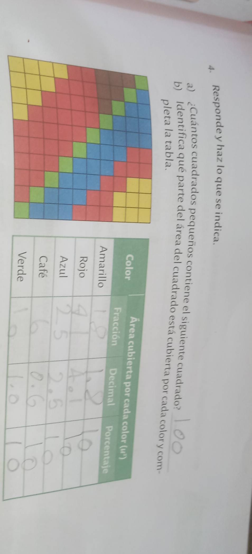 Responde y haz lo que se indica. 
a) ¿Cuántos cuadrados pequeños contiene el siguiente cuadrado? 
b) Identifica qué parte del área del cuadrado está cubierta por cada color y com- 
pleta la tabla.