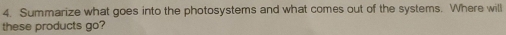 Summarize what goes into the photosystems and what comes out of the systems. Where will 
these products go?