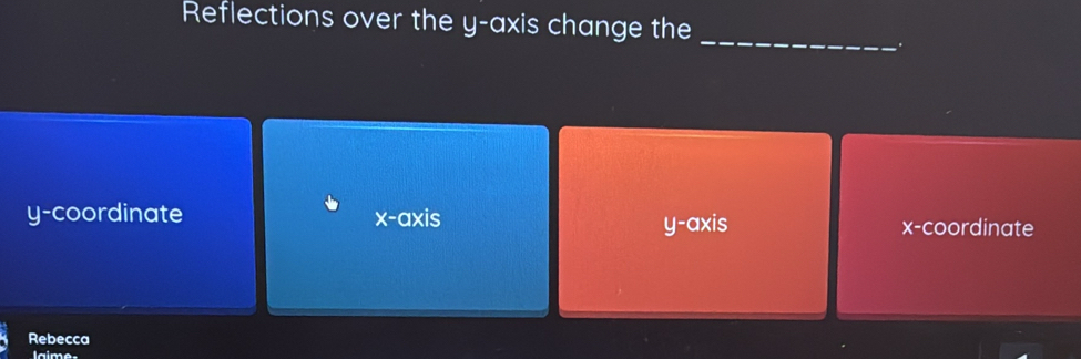 Reflections over the y-axis change the
_
y-coordinate x-axis y-axis x-coordinate
Rebecca
laime