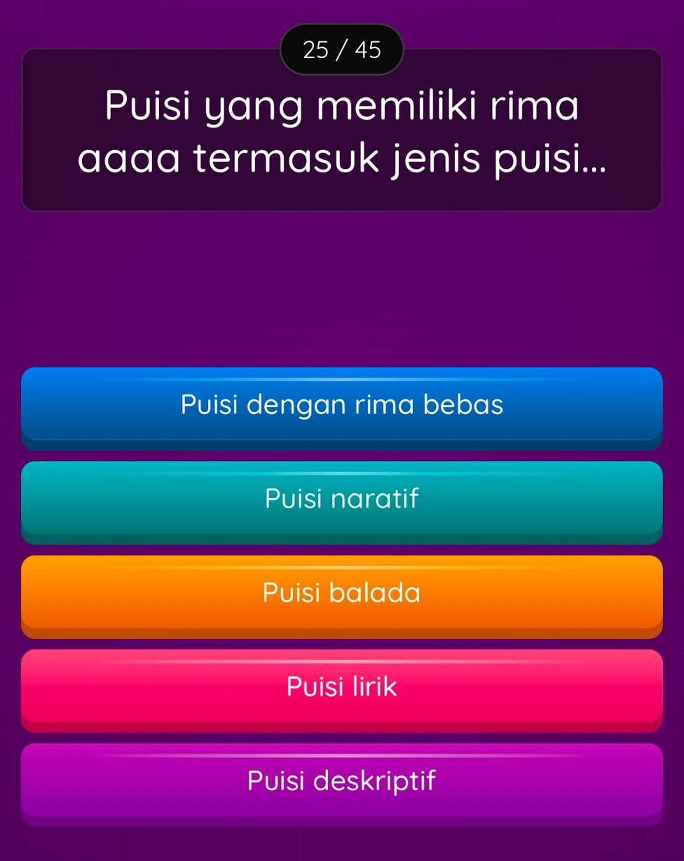 25 / 45
Puisi yang memiliki rima
aaaa termasuk jenis puisi...
Puisi dengan rima bebas
Puisi naratif
Puisi balada
Puisi lirik
Puisi deskriptif