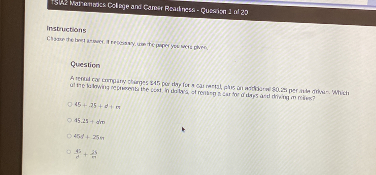TSIA2 Mathematics College and Career Readiness - Question 1 of 20 ...