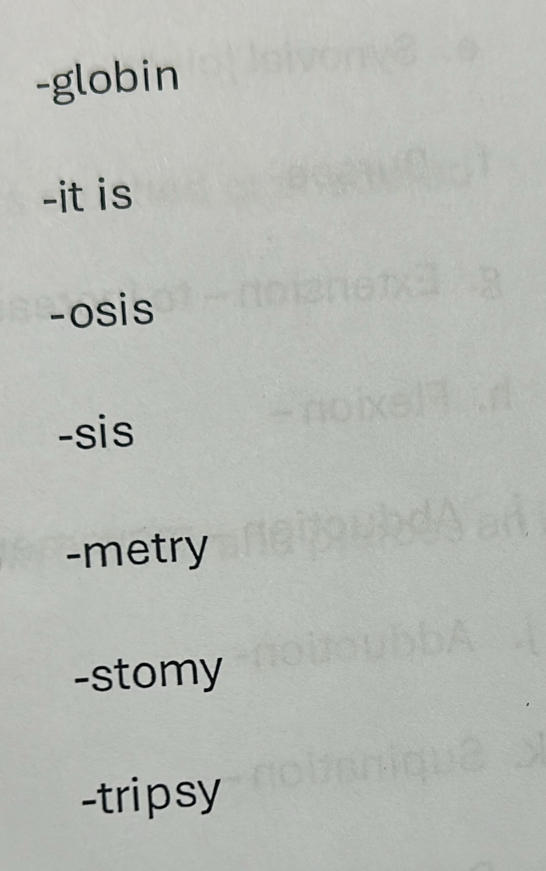 globin
-it is
-osis
-sis
-metry
-stomy
-tripsy