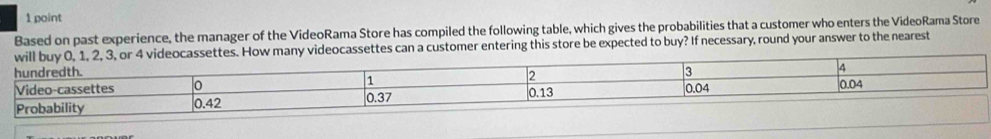 Based on past experience, the manager of the VideoRama Store has compiled the following table, which gives the probabilities that a customer who enters the VideoRama Store
ocassettes can a customer entering this store be expected to buy? If necessary, round your answer to the nearest