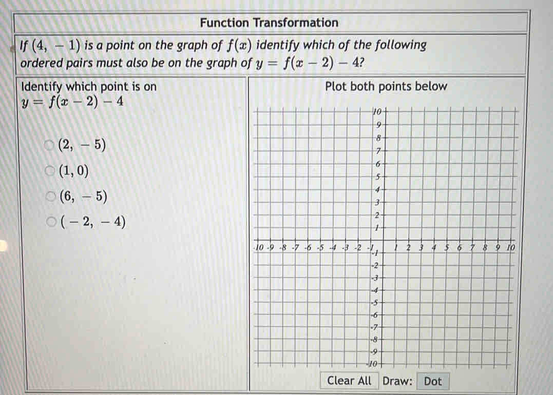 Function Transformation
If (4,-1) is a point on the graph of f(x) identify which of the following
ordered pairs must also be on the graph of y=f(x-2)-4 ?
Identify which point is on Plot both points below
y=f(x-2)-4
(2,-5)
(1,0)
(6,-5)
(-2,-4)
Clear All Draw: Dot