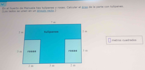 En el huerto de Manuela hay tulipanes y rosas. Calcular el área de la parte con tulipanes. 
(Los lados se unen en un ángulo recto.) 
metros cuadrados