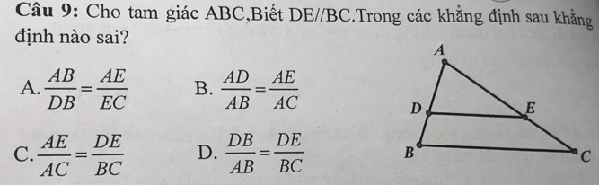 Cho tam giác ABC,Biết DEparallel BC Trong các khẳng định sau khẳng
định nào sai?
A.  AB/DB = AE/EC  B.  AD/AB = AE/AC 
C.  AE/AC = DE/BC  D.  DB/AB = DE/BC 