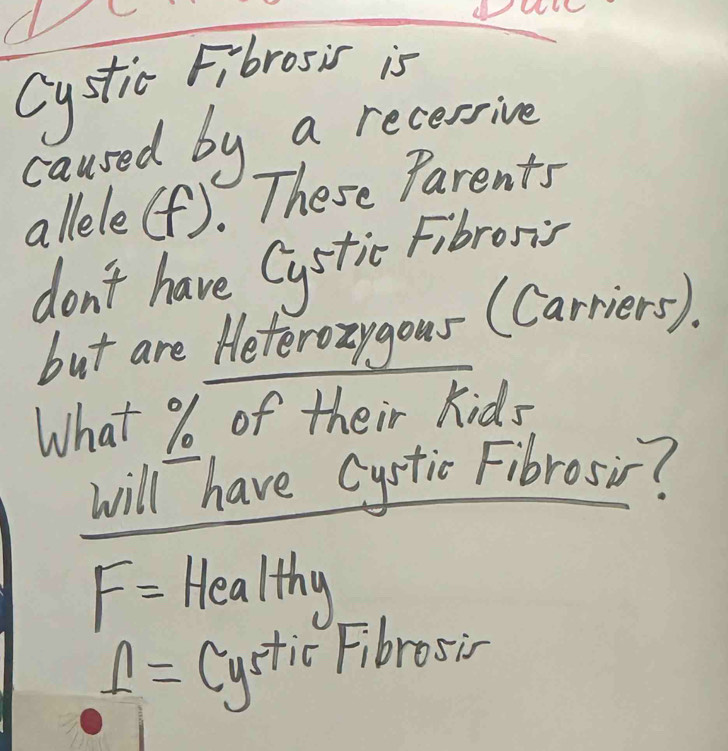 Cystic Fibrosis is
caused by a recersive
allele(f). These Parents
don't have Cystic Fibror
but are Heterozygous (Carriers).
What %6 of their kids
will have cystic Fibrosir?
F= Healthy
1= Cystic Fibrosic