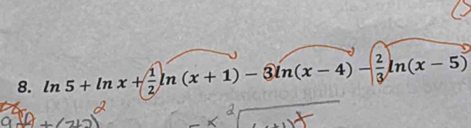 ln 5+ln x+ 1/2 ln (x+1)-3ln (x-4)- 2/3 ln (x-5)