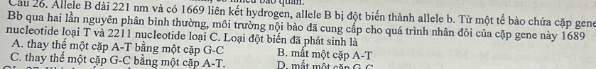 Cầu 26. Allele B dài 221 nm và có 1669 liên kết hydrogen, allele B bị đột biến thành allele b. Từ một tế bào chứa cặp gene
Bb qua hai lần nguyên phân bình thường, môi trường nội bào đã cung cấp cho quá trình nhân đôi của cặp gene này 1689
nucleotide loại T và 2211 nucleotide loại C. Loại đột biển đã phát sinh là
A. thay thế một cặp A-T bằng một cặp G-C B. mất một cặp A-T
C. thay thế một cặp G-C bằng một cặp A-T. D. mất một căn