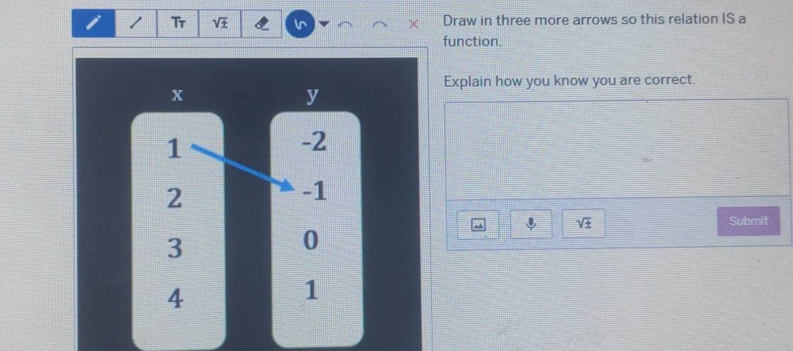 Tr sqrt(± ) Draw in three more arrows so this relation IS a 
function. 
Explain how you know you are correct.
sqrt(± ) Submit