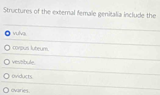 Structures of the external female genitalia include the
vulva.
corpus luteum.
vestibule.
oviducts.
ovaries.