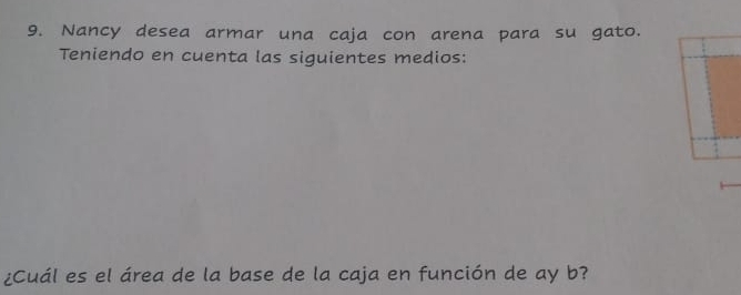 Nancy desea armar una caja con arena para su gato. 
Teniendo en cuenta las siguientes medios: 
¿Cuál es el área de la base de la caja en función de ay b?