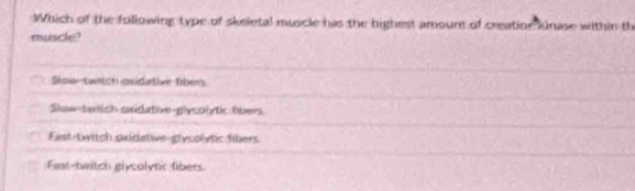 Which of the following type of skeletal muscle has the bighest amour of creatine kinase within th
muscle?
Slow-twitch oxidative fibers
Slow dwtch oxidative-glycolytic Obers.
East-twitch oxidative-glycolytic fibers
Fast-twitch giycolytic fibers