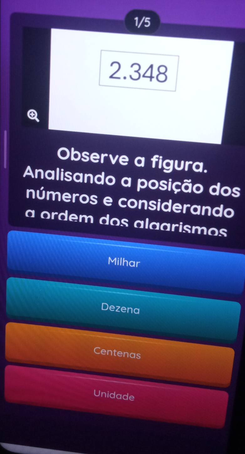 1/5
2.348
Observe a figura.
Analisando a posição dos
números e considerando
a ordem dos alaarismos
Milhar
Dezena
Centenas
Unidade