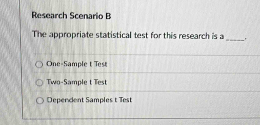 Research Scenario B
The appropriate statistical test for this research is a_ 、.
One-Sample t Test
Two-Sample t Test
Dependent Samples t Test