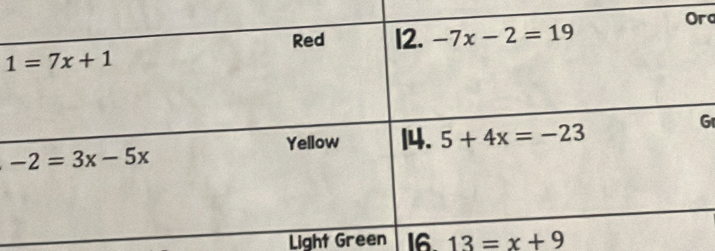 a
G
Light Green 16 13=x+9