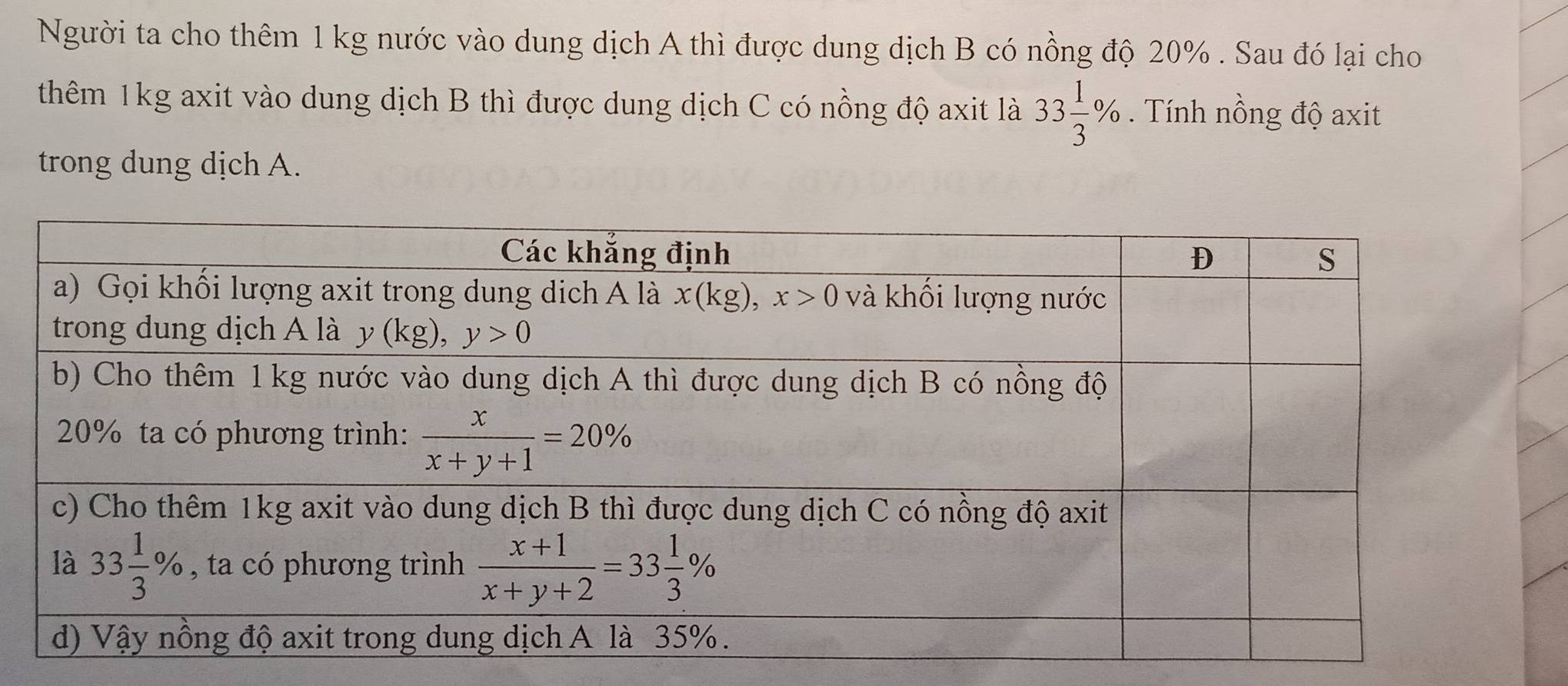 Người ta cho thêm 1 kg nước vào dung dịch A thì được dung dịch B có nồng độ 20% . Sau đó lại cho
thêm 1kg axit vào dung dịch B thì được dung dịch C có nồng độ axit là 33 1/3 %. Tính nồng độ axit
trong dung dịch A.