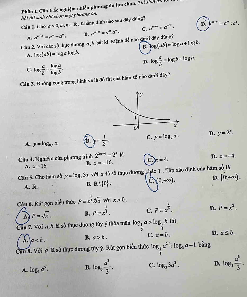 Phần I. Câu trắc nghiệm nhiều phương án lựa chọn. Thí sinh tru l
hỏi thí sinh chỉ chọn một phương án.
Câu 1. Cho a>0,m,n∈ R. Khẳng định nào sau đây đúng?
A. a^(m-n)=a^m-a^n. B. a^(m-n)=a^m.a^n. C. a^(m-n)=a^(m-n).
D. a^(m-n)=a^m:a^n.
Câu 2. Với các số thực dương a, b bất kì. Mệnh đề nào dưới đây đúng?
B. log (ab)=log a+log b.
A. log (ab)=log a. log b
D. log  a/b =log b-log a.
C. log  a/b = log a/log b .
Câu 3. Đường cong trong hình vẽ là đồ thị của hàm số nào dưới đây?
C.
A. y=log _0.5x. B. y= 1/2^x . y=log _2x.
D. y=2^x.
Câu 4. Nghiệm của phương trình 2^(2x-4)=2^xla
c x=4.
D. x=-4.
A. x=16.
B. x=-16.
Câu 5. Cho hàm số y=log _53x với « là số thực dương khác 1 . Tập xác định của hàm số là
D. [0;+∈fty ).
B.
A. R. R/ 0 .
E (0;+∈fty ).
Câu 6. Rút gọn biểu thức P=x^(frac 1)3.sqrt[6](x) với x>0.
A P=sqrt(x).
B. P=x^(frac 1)8.
C. P=x^(frac 2)9.
D. P=x^2.
Câu 7. Với a,b là số thực dương tùy ý thỏa mãn log _ 1/5 a>log _ 1/5 b thì
C. a=b.
D. a≤ b.
A. a
B. a>b.
Cầu 8. Với ala số thực dương tùy ý. Rút gọn biểu thức log _ 1/3 a^2+log _3a-1 bằng
A. log _3a^5.
B. log _3 a^2/3 . C. log _33a^2. D. log _3 a^5/3 .