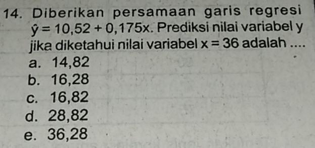 Diberikan persamaan garis regresi
hat y=10,52+0,175x. Prediksi nilai variabel y
jika diketahui nilai variabel x=36 adalah ....
a. 14,82
b. 16,28
c. 16,82
d. 28,82
e. 36,28